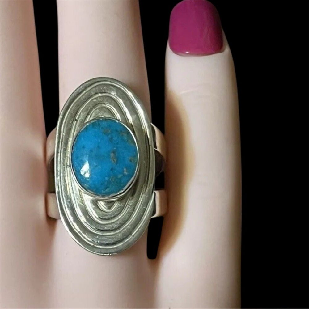 Vintage Silver DTR Turquoise Statement Ring Size 7 Stamped China 925